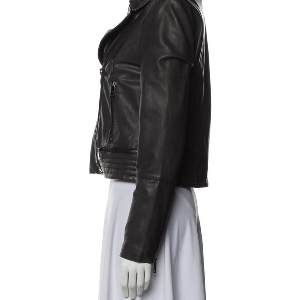 Black Cropped Leather Jacket With Structured Shou… - image 3